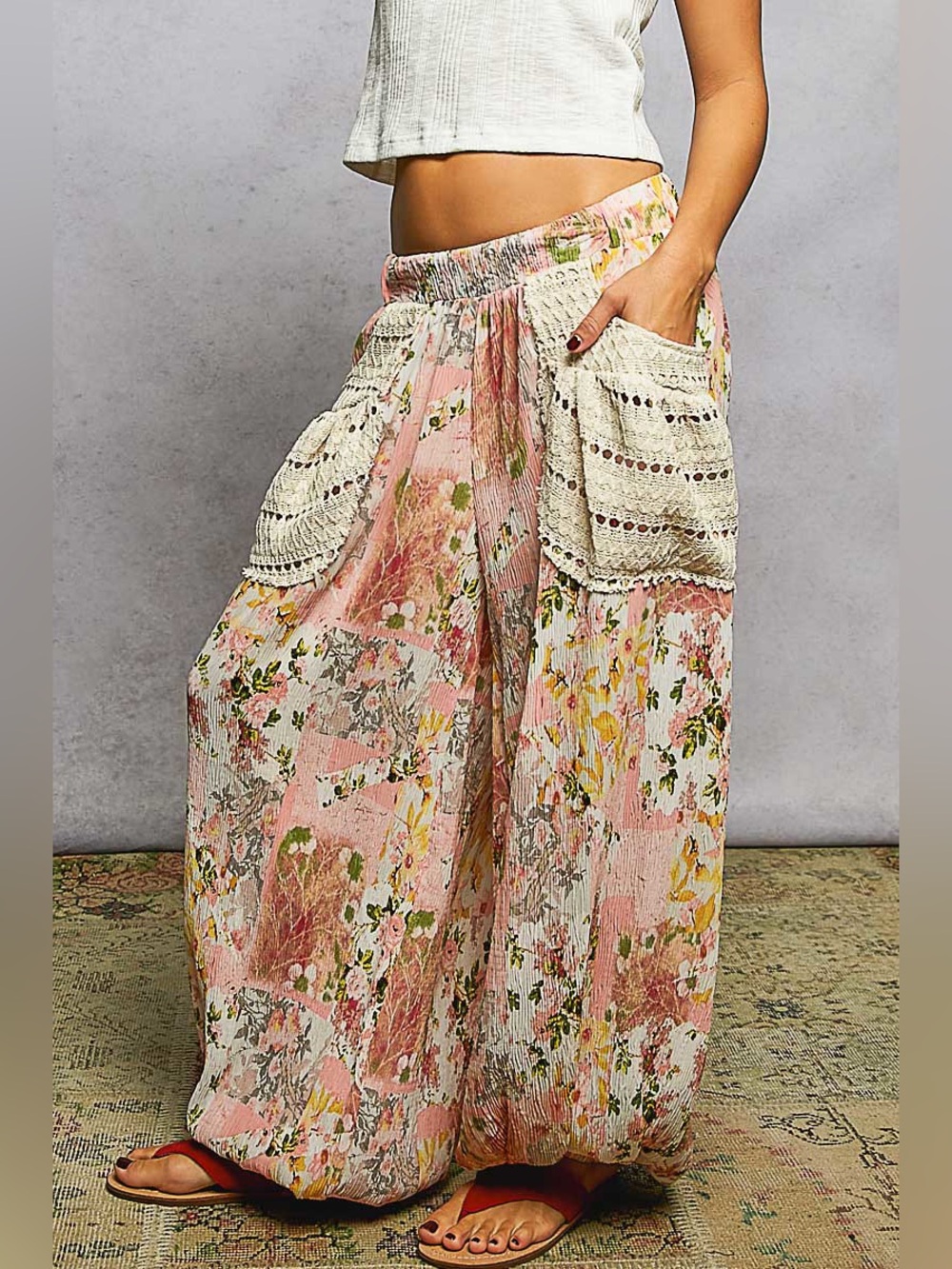 POL Boho Floral Jogger  Pink Pants